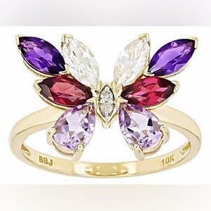NEW Solid 10K Gold 2 Carat Natural Diamond, Amethyst, Rhodolite, Zircon Ring